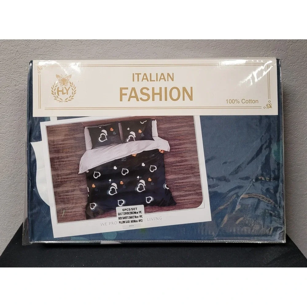 Italian Fashion Queen Size Duvet Cover Set 6 Pcs Design #HY-879 Blue Hearts